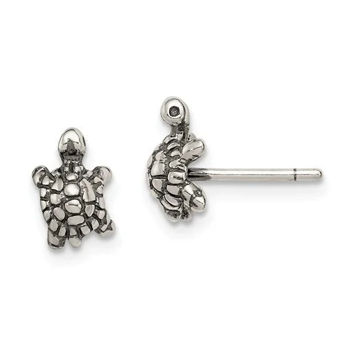 ladies earrings gemstone clusters -Sterling Silver And Antiqued Turtle Post Earrings