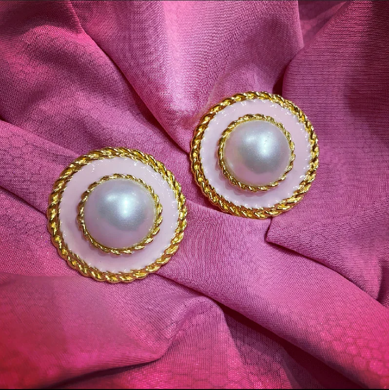 ladies silver earrings larimar stones -Vintage Pink Enamel Faux Pearl Clips on Earrings Gold Plated