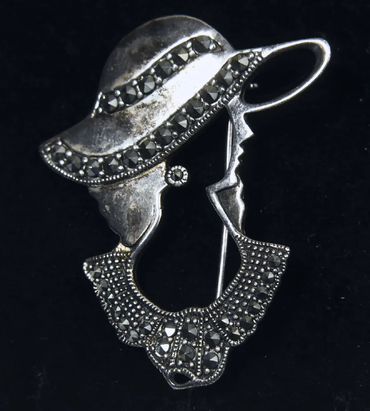 ladies gold brooch tree motifs -Vintage Sterling Silver and Marcasite Female with Hat Brooch