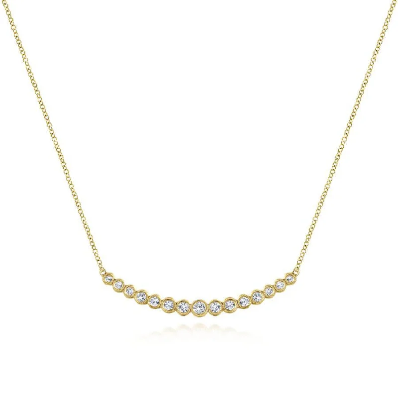 Bar accent necklaces -Gabriel & Co. - NK5797Y45JJ - 14K Yellow Gold Curved Bar Necklace with Bezel Set Round Diamonds