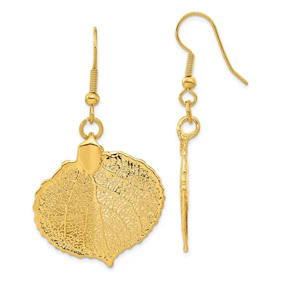 ladies rose gold earrings leaf design -24k Gold Dipped Aspen Leaf Dangle Earrings