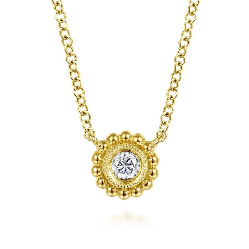 Rose bloom necklaces -Gabriel & Co. - NK4764Y45JJ - 14K Yellow Gold Beaded Round Bezel Set Diamond Pendant Necklace