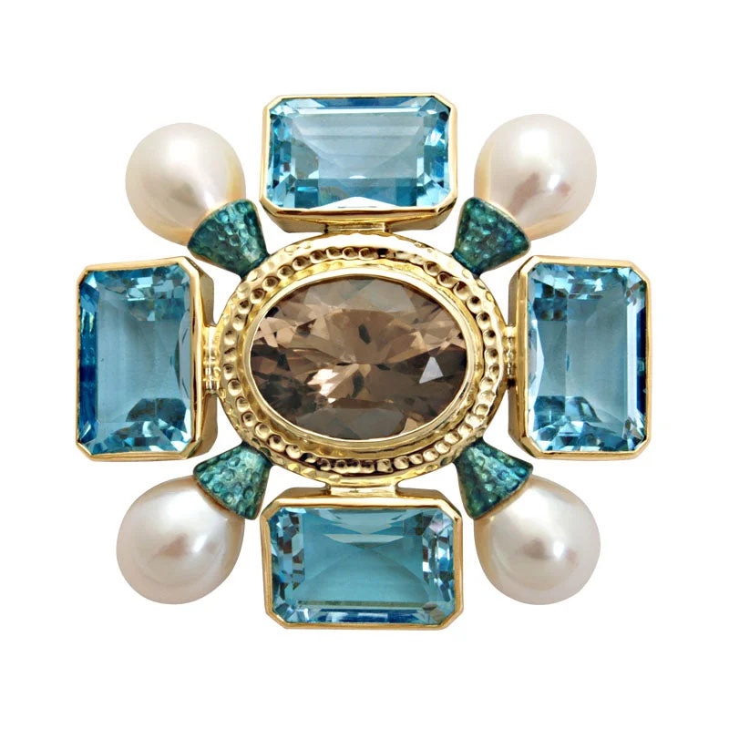 ladies silver brooch apatite stones -Brooch-Smokey Quartz, Blue Topaz and Pearl (Enamel)