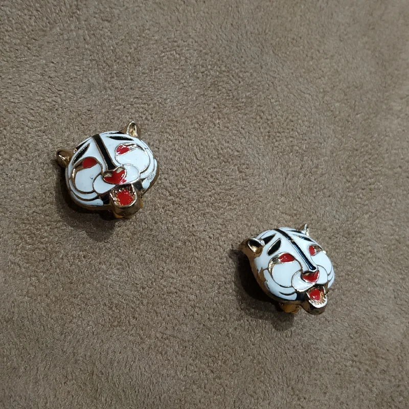 ladies white gold earrings lines -Vintage Tiger head enamel Clip On earrings