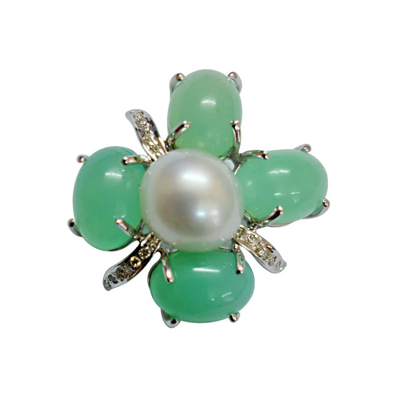 ladies gem brooch animal designs -Brooch-Chrysoprase, Pearl and Diamond