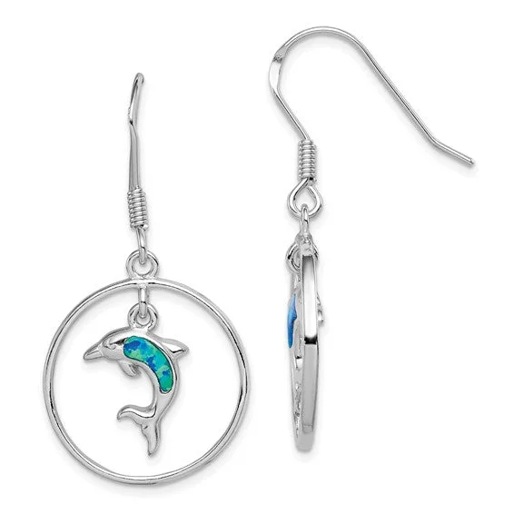 minimalist hoop earrings for women -Sterling Silver Circle With Blue Opal Dolphin Dangle Earrings