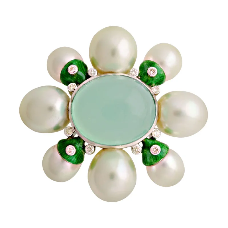 vintage gold tone brooch for women -Brooch- Chalcedony, South Sea Pearl And Diamond (Enamel) (95ES)