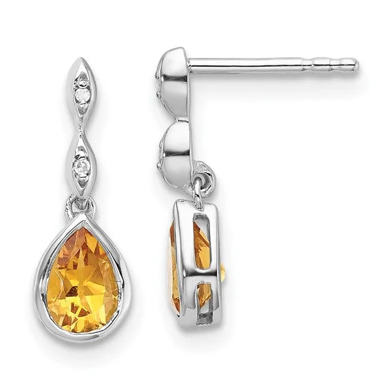 ladies sterling silver earrings with stones -Sterling Silver White Ice Diamond and Citrine Teardrop Earrings