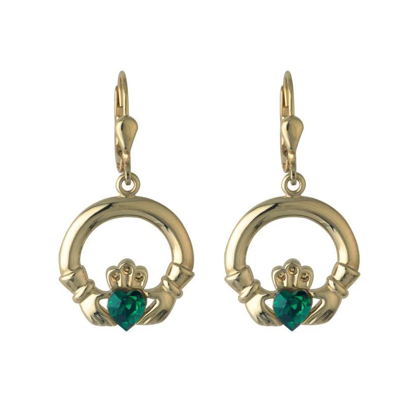 ladies silver earrings labradorite stones -Gold Plated Green Crystal Claddagh Earrings