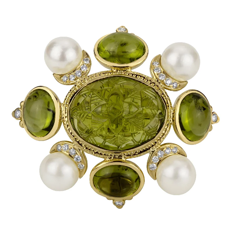 gold starburst brooch for women -Brooch - Peridot, Pearl & Diamond