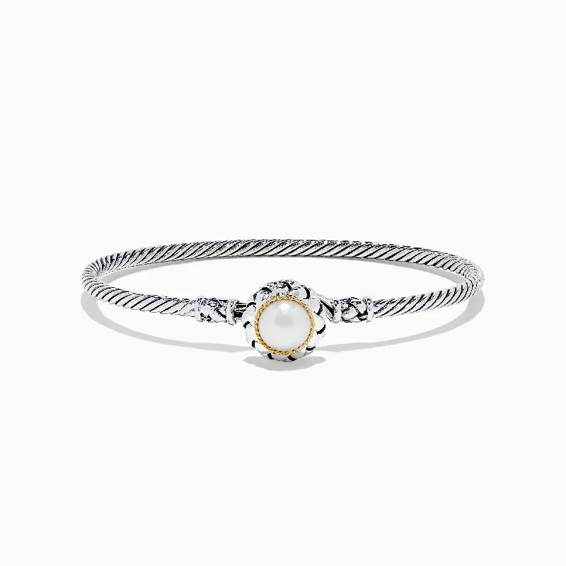 Ladies casual spark bracelets -925 Sterling Silver & 18K Yellow Gold Cultured Fresh Water Pearl Bangle