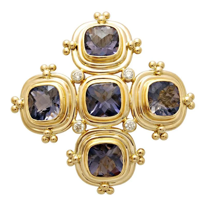 ripple texture brooch for women -Brooch-Iolite and Diamond  (1628C)