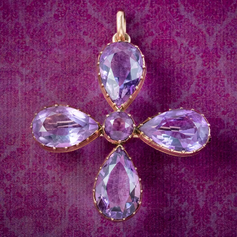 star accent brooch for women -Antique Victorian Amethyst Cross Brooch 21ct Amethyst