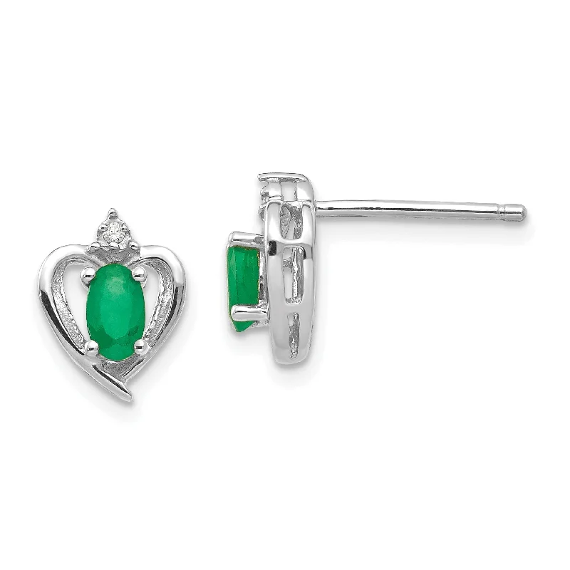 ladies white gold earrings elegant -14k White Gold Diamond & Genuine Emerald Heart Stud Earrings