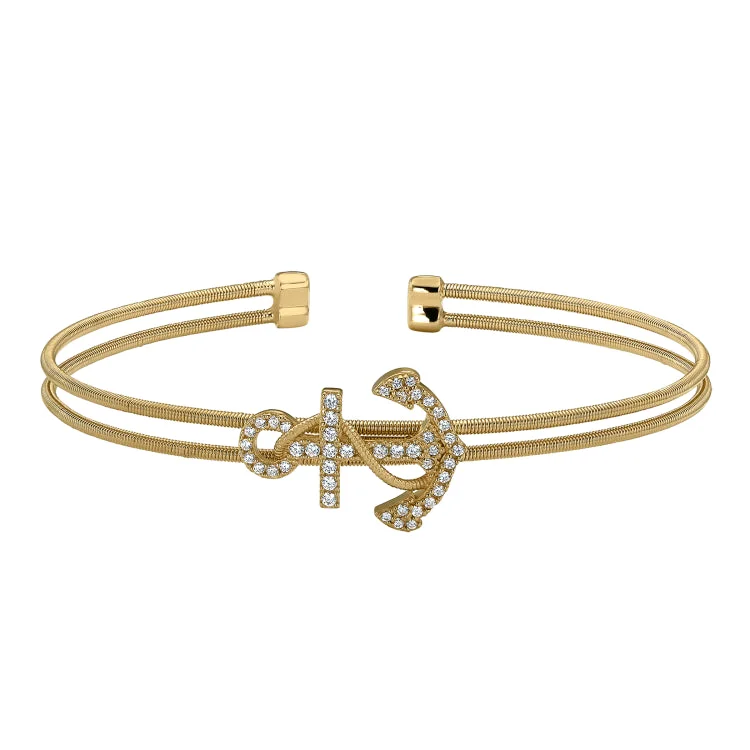 Ladies sibling shine bracelets -Gold Finish Sterling Silver Two Cable Anchor Cuff Bracelet Bracelet with Simulated Diamonds