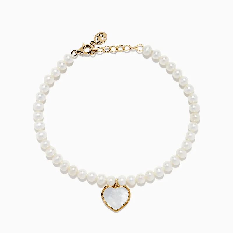 Ladies deep lapis bracelets -14K Gold Fresh Water Pearl and Mother of Pearl Heart Charm Bracelet