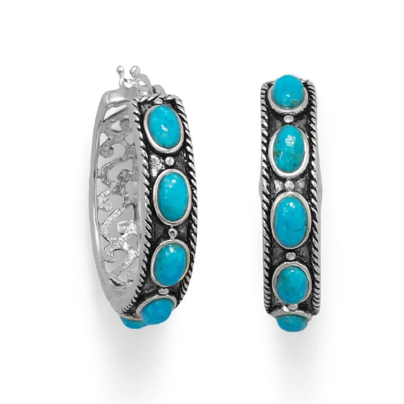 statement drop earrings for women -Sterling Silver Ornate Oxidized Turquoise 30mm Hoop Earrings