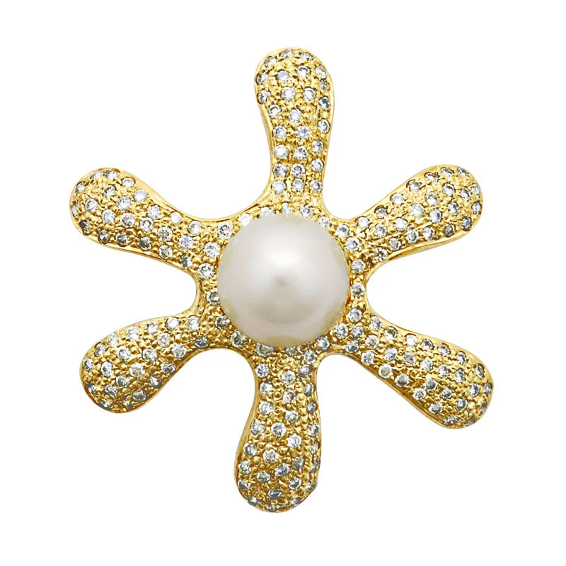 leaf design brooch for women -Brooch-South Sea Pearl and Diamond