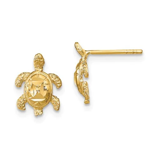 ladies earrings diamond accents -14k Yellow Gold Solid Dia.-Cut Shell Sea Turtle Post Earrings