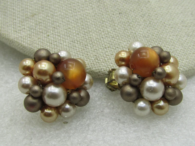 ladies gold earrings butterfly motifs -Vintage Japan Beaded Clip Earrings, Tan/Amber/Cream, Mid-Century, 7/8"