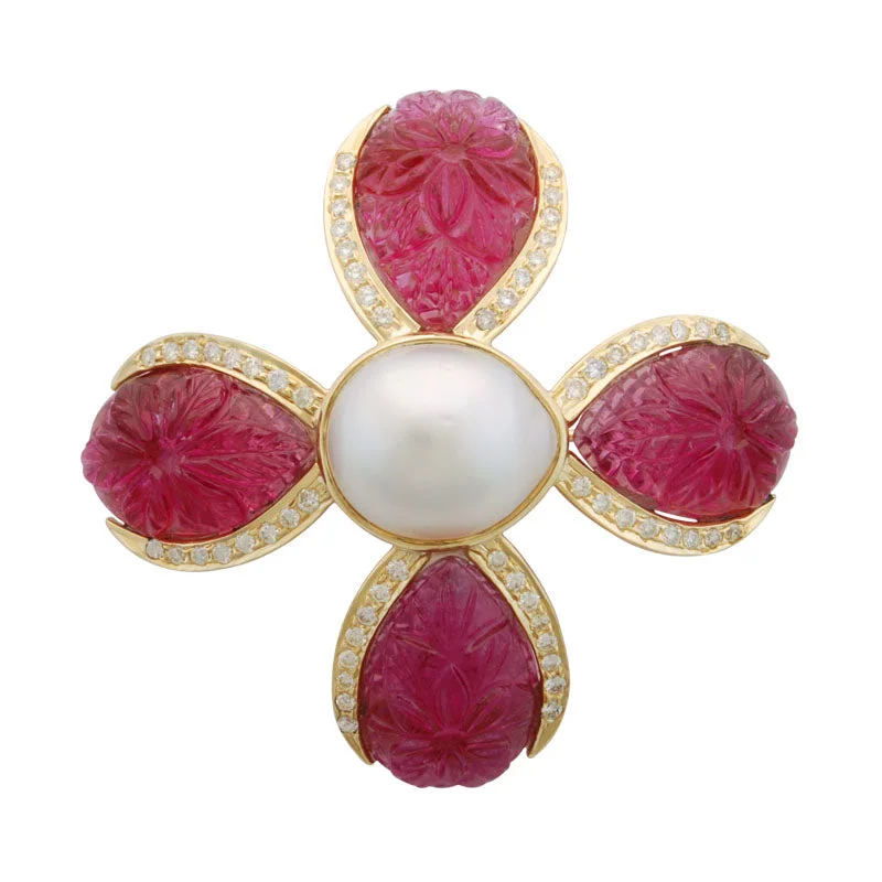 knot design brooch for women -Brooch-Rubellite, Pearl and Diamond