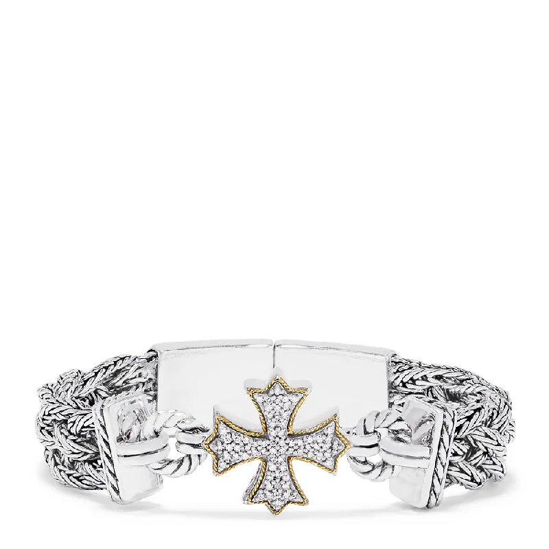 Ladies bar accent bracelets -925 Sterling Silver & 18K Yellow Gold Diamond Cross Bracelet, 0.34 TCW