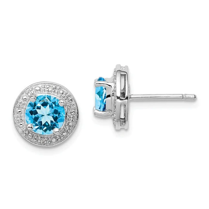 ladies earrings enamel detailing -Sterling Silver Light Swiss Blue Topaz & Diamond Halo Post Earrings