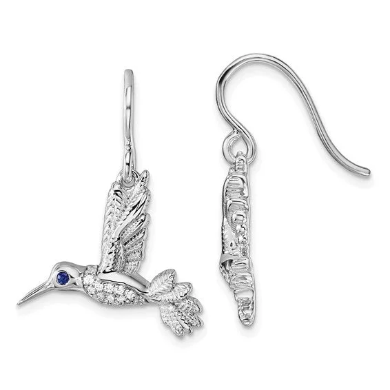 ladies silver earrings kyanite stones -Sterling Silver White Ice Diamond and Blue Sapphire Hummingbird Earrings