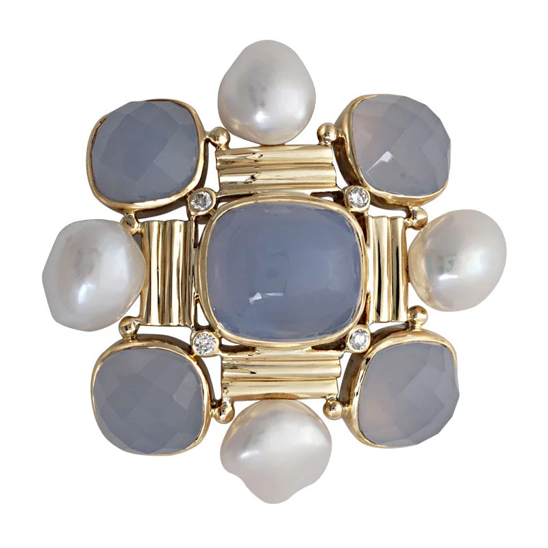 ladies gem brooch boho style -Brooch-Chalcedony, Pearl and Diamond