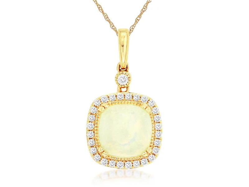 Warmth glow necklaces -Cushion Cut Opal and Halo Diamond Pendant Necklace