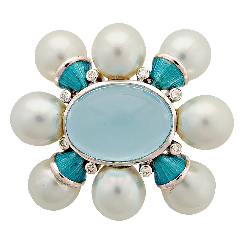 silver wave brooch for women -Brooch- Chalcedony, South Sea Pearl And Diamond (Enamel) (92FS)