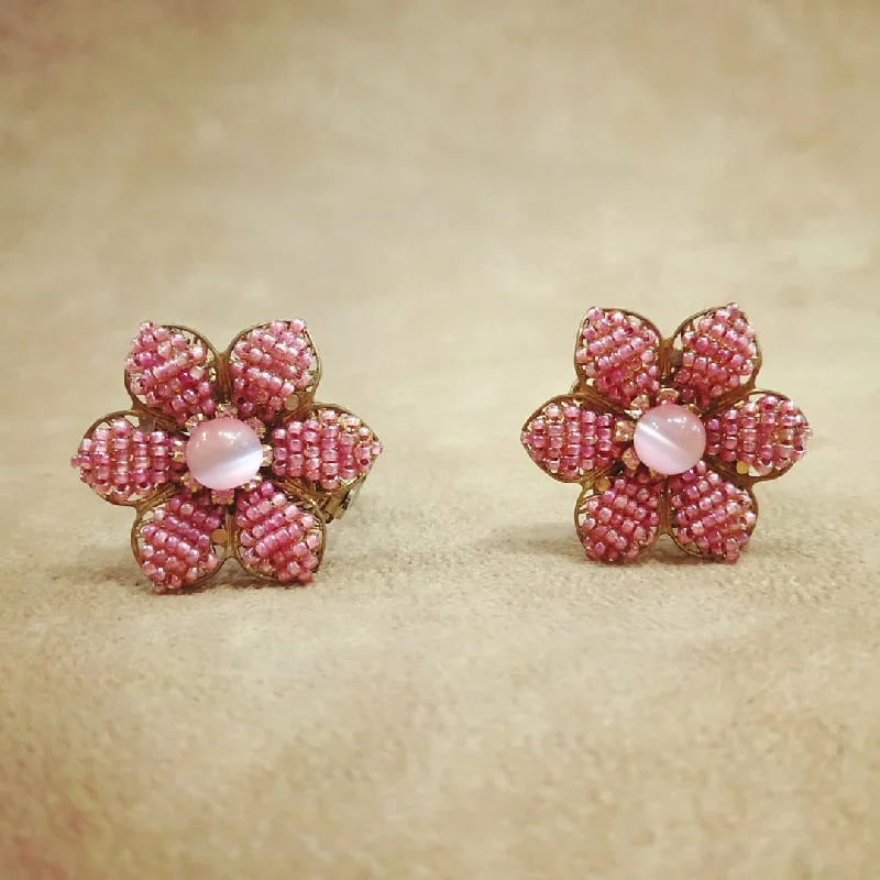 rose gold earrings for women with gems -Stanley Hagler Earrings Pink Flower Clip Ons