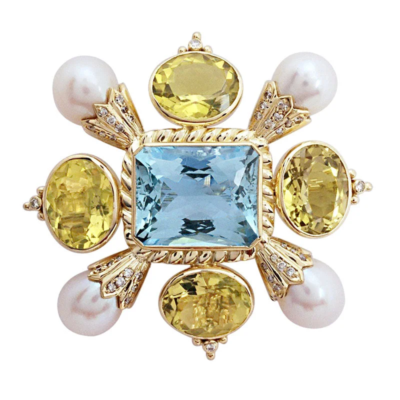 ladies gold brooch butterfly motifs -Brooch - Aquamarine, Lemon Quartz, Pearl and Diamond