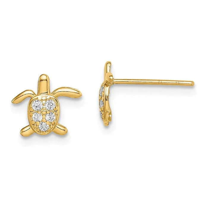 small gold earrings for women -14k Yellow Gold Solid Petite Turtle CZ Stud Earrings