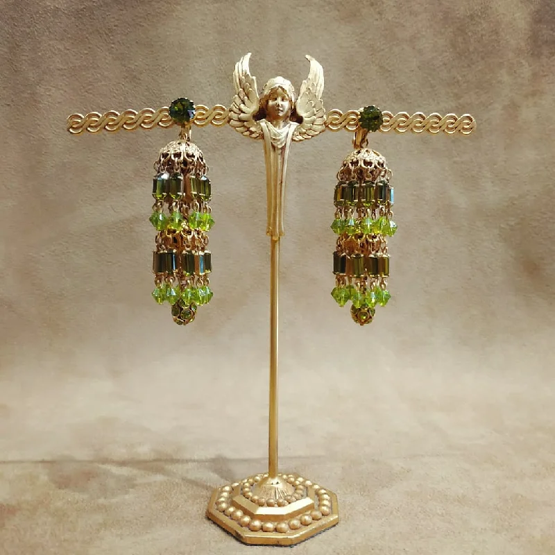 floral tassel earrings for women -Askew London Earrings bows peridot Green Vintage Glass Chandelier