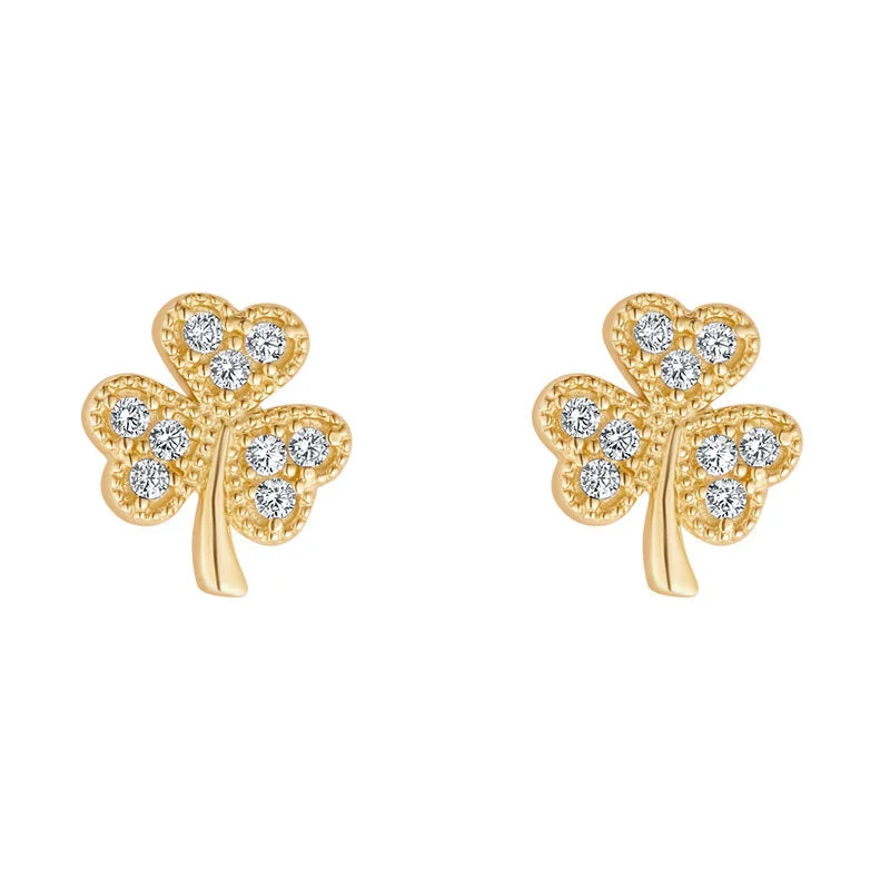 wave texture earrings for women -10K Gold Shamrock cz Earrings