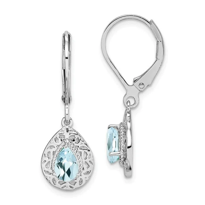 ladies earrings geometric cuts -Sterling Silver Genuine Pear Aquamarine Filigree Lever Back Earrings