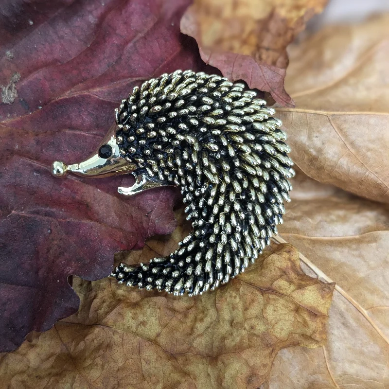 ladies gold brooch bird motifs -Vintage Brass Hedgehog Brooch: Animal brooch