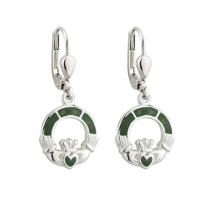 ladies earrings geometric cuts -Connemara Marble Claddagh Drop Earrings