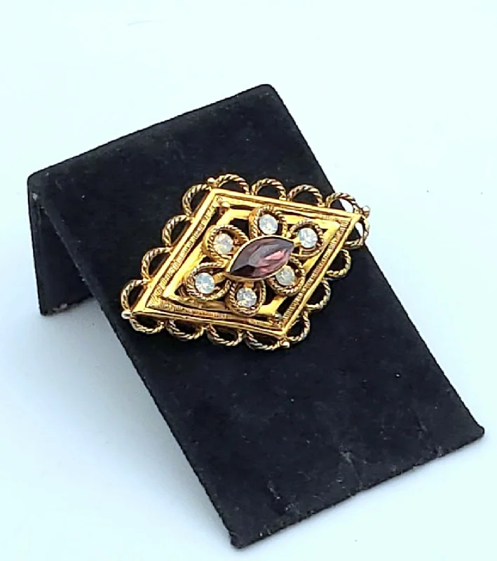 gold bold brooch for women -Vintage Gold Tone Opaline Filigree Brooch