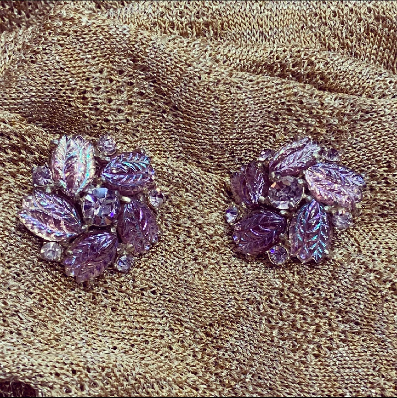 trendy minimalist earrings for ladies -Vintage Schiaparelli Clip on Earrings Purple leaf glass