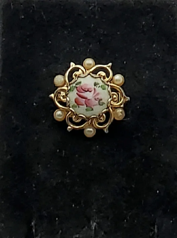 ladies rose gold brooch swirl design -Vintage Hand Painted Guilloche Enamel Gold Tone Brooch