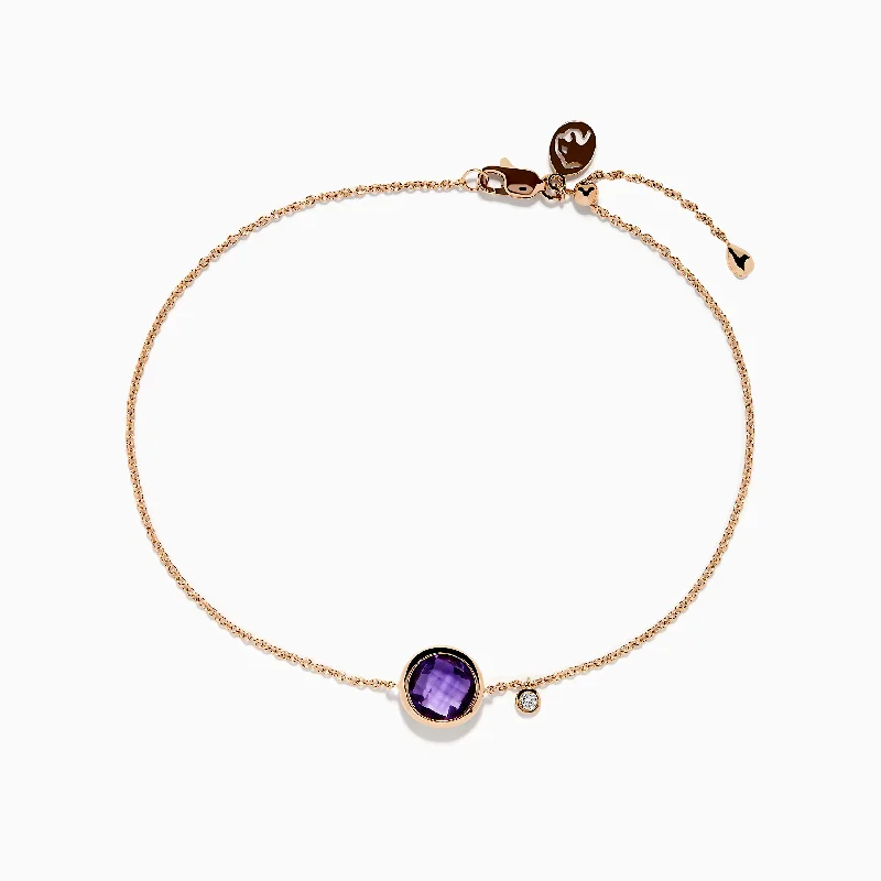 Ladies heart-shaped gleam bracelets -14K Rose Gold Amethyst and Diamond Bolo Bracelet