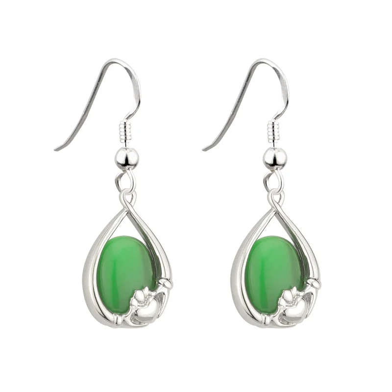 ladies silver earrings ruby stones -Green Cat Eye Claddagh Earrings