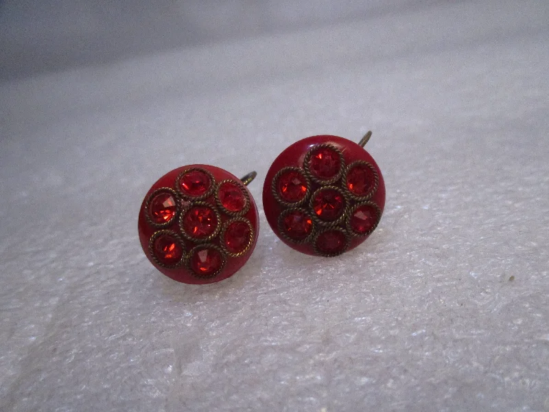 lattice pattern earrings for women -Vintage Red Rhinestone Screw Back Earrings, 1940's, Domed 5/8"