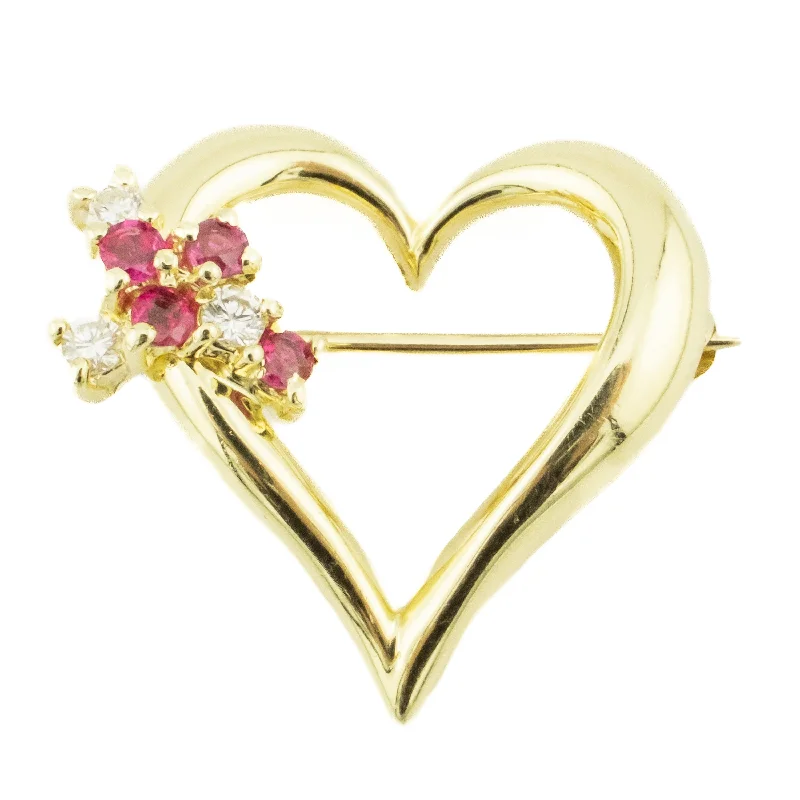 ladies silver brooch fluorite stones -Ruby and Diamond Heart Brooch in 14K Yellow Gold