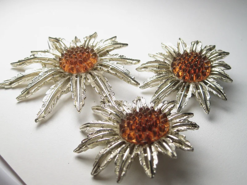 ladies gold earrings celestial motifs -Vintage Sunflower Brooch & Clip Earrings Set, Sarah Coventry, Gold Tone, 1970's