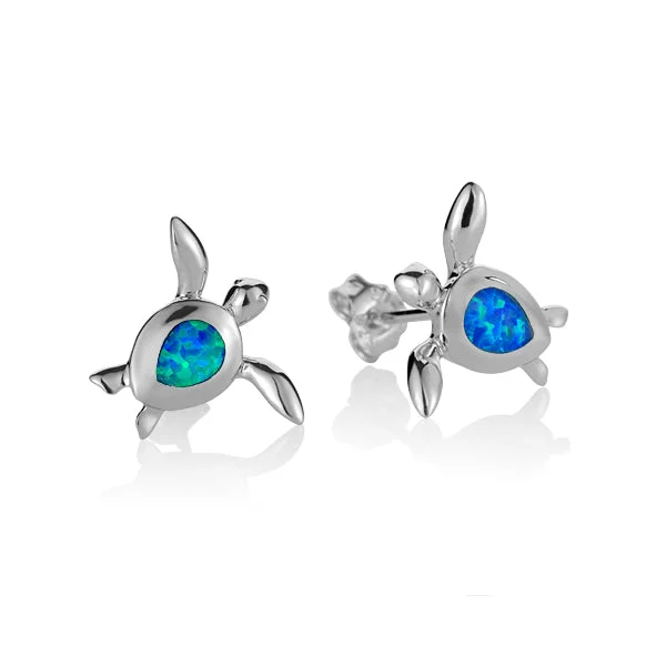 ladies earrings diamond cut edges -Sterling Silver Alamea Hawaii Blue Opal Honu Turtle Stud Earrings