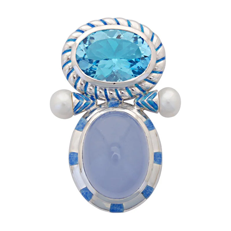 silver floral brooch for women -Brooch-Blue Topaz, Chalcedony and Pearl (Enamel)