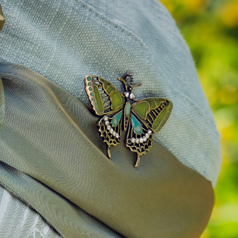 ladies yellow gold brooch stars -Arts and Crafts Green Enamelled Butterfly brooch